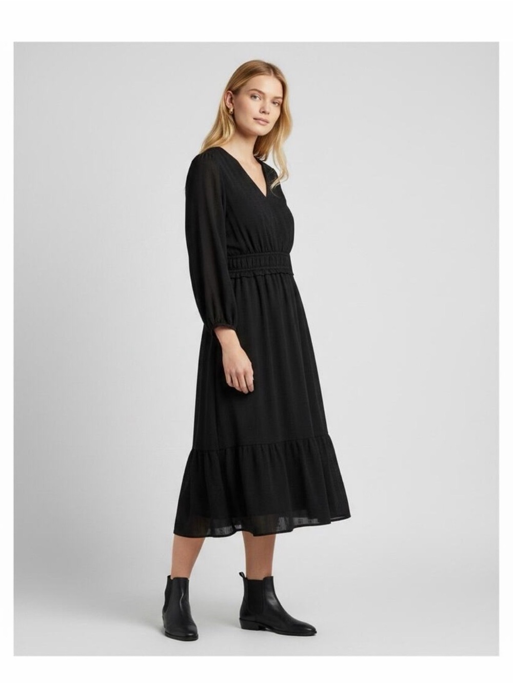 LOFT Black Long Sleeve Midi Dress with V-Neck NWOT